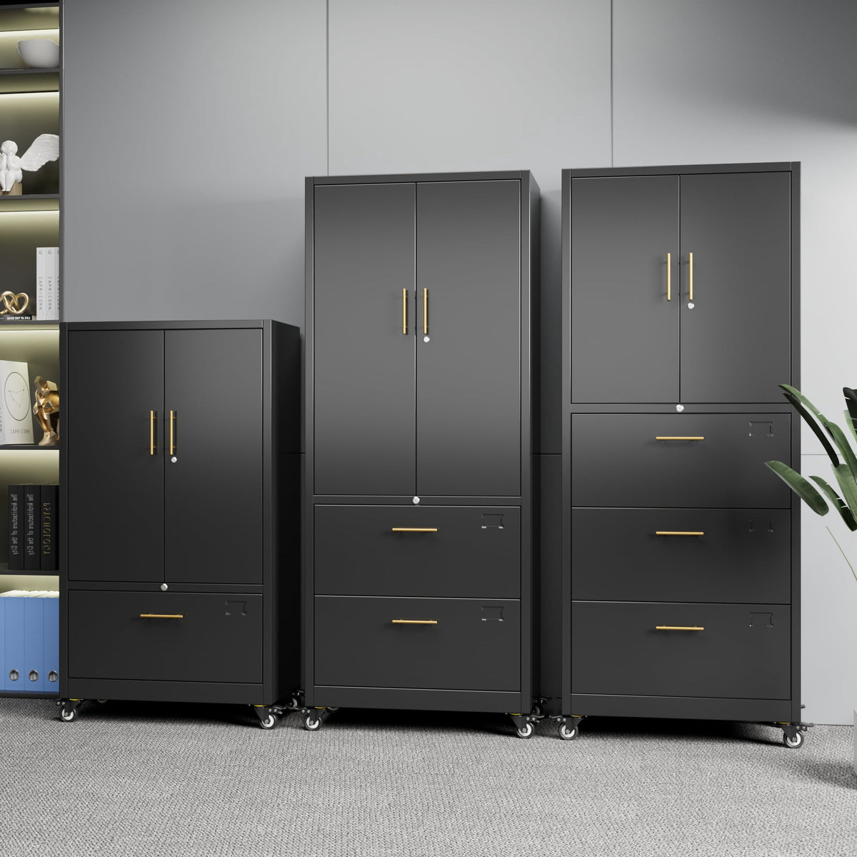 Aobabo 3 Drawer Metal Lateral File Cabinet with Wheels & Shelf , Wide Filing Cabinet with Lock for Office,Home,School,Garage,Fit A4/Letter/Legal File,Required-Assembly,Black