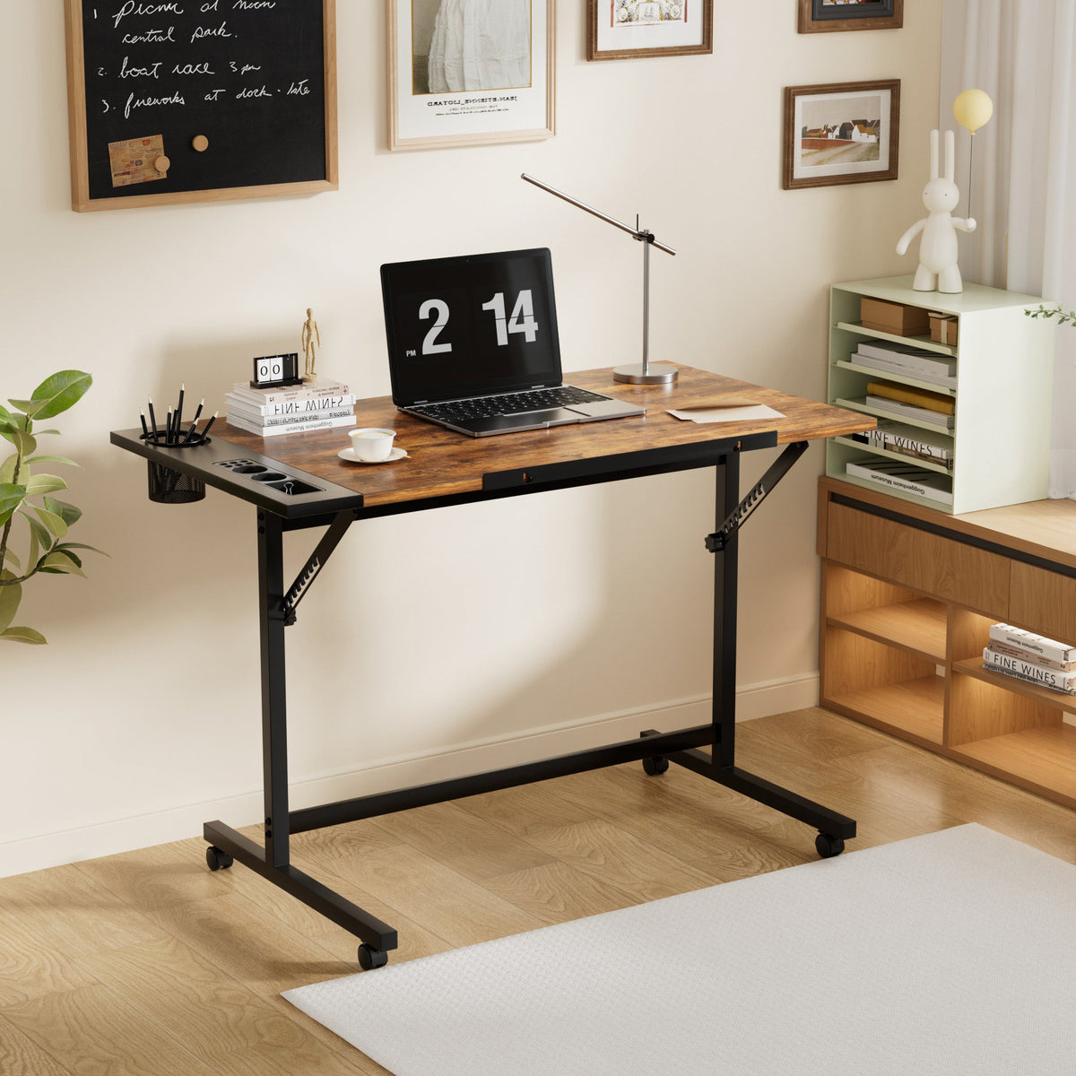 VECELO Drafting Table with Wheels, Adjustable Drawing Table Tiltable Painting Desk Workstation with Pencil Ledge for Artists, Brown