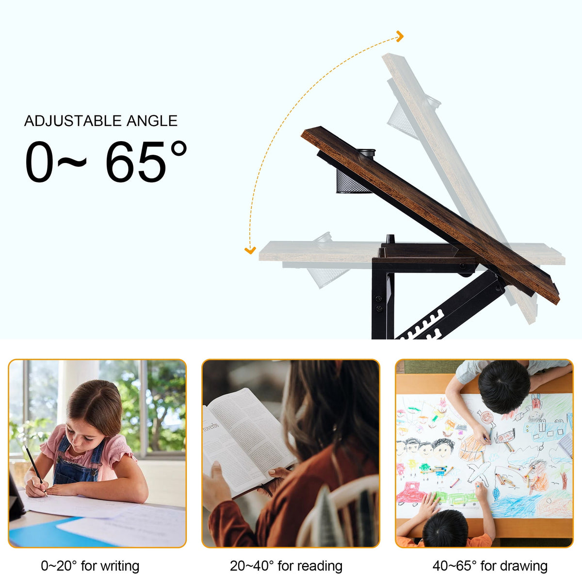 VECELO Drafting Table with Wheels, Adjustable Drawing Table Tiltable Painting Desk Workstation with Pencil Ledge for Artists, Brown