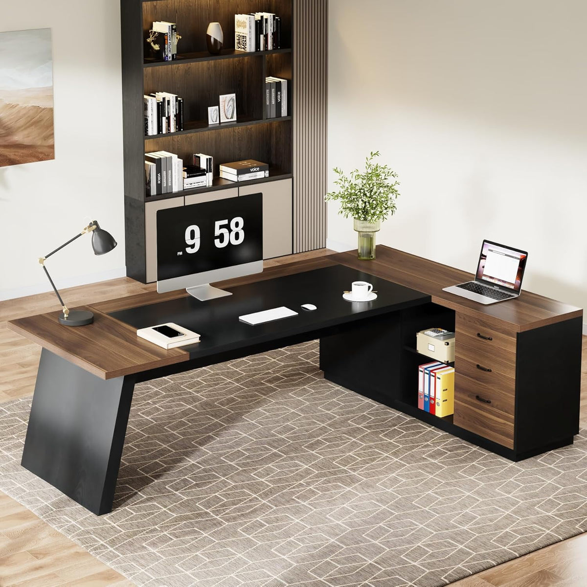 Tribesigns 78-Inch L-Shaped Executive Desk, Large Office Desk with Drawers and Lateral File Cabinet, Modern Computer Desk for Home Office, Light Walnut & Black