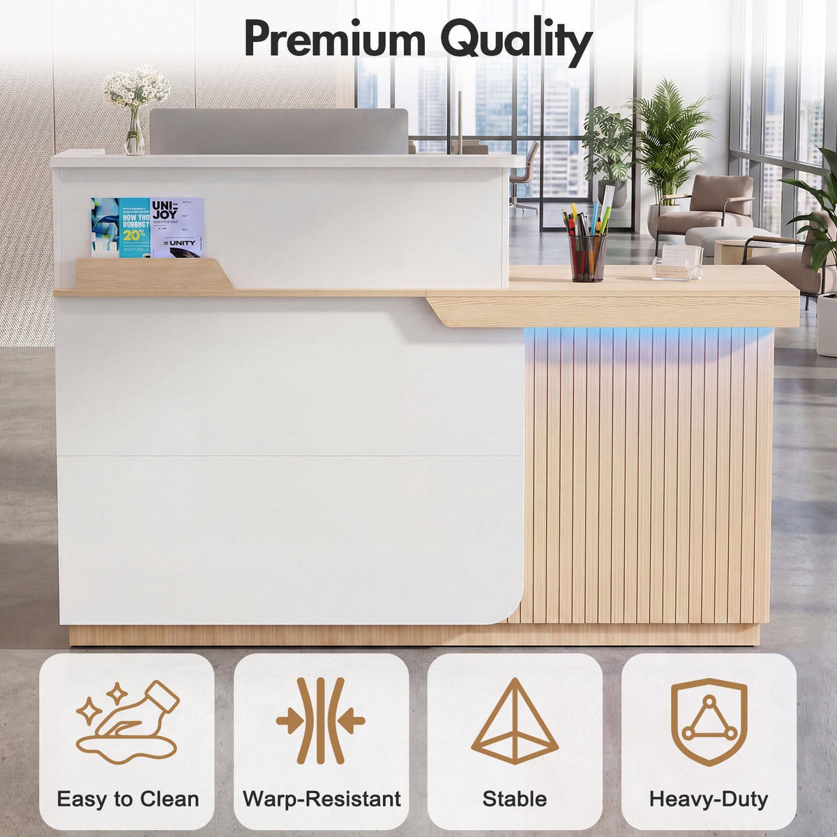 Advwin Modern Reception Desk with LED Light, 63" Fluted Front Desk with Lockable Drawer, Cabinet & Sliding Tray, Large Reception Counter Table for Office Lobby Nail Salon Clinic, White+Light Wood