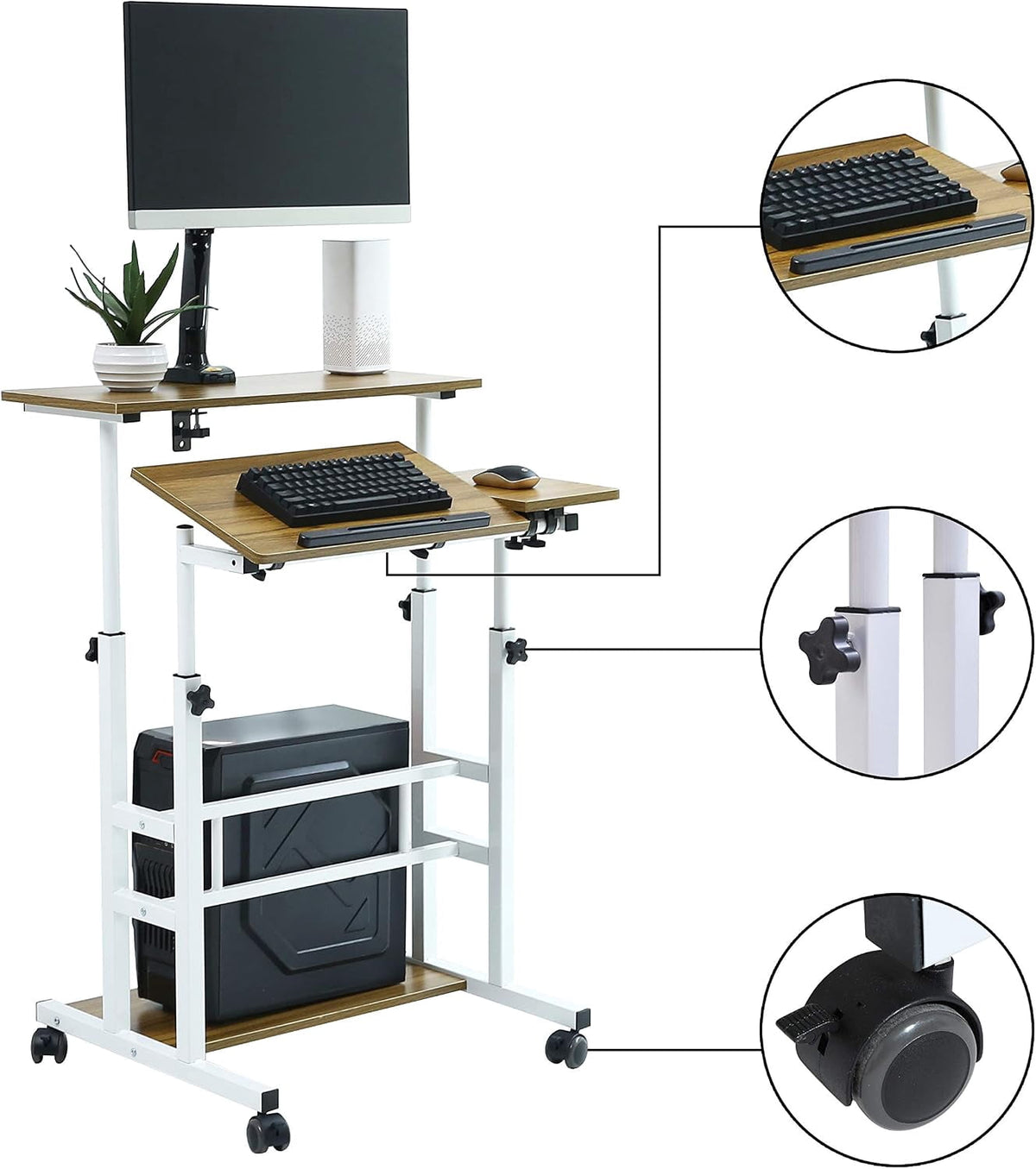 NurtureTail Height Adjustable Mobile Workstation with Wheels, Keyboard Tray & Storage Shelf, Rolling Laptop Desk for Home Office, Study & Small Spaces,White Frame/Ancient Oak Top
