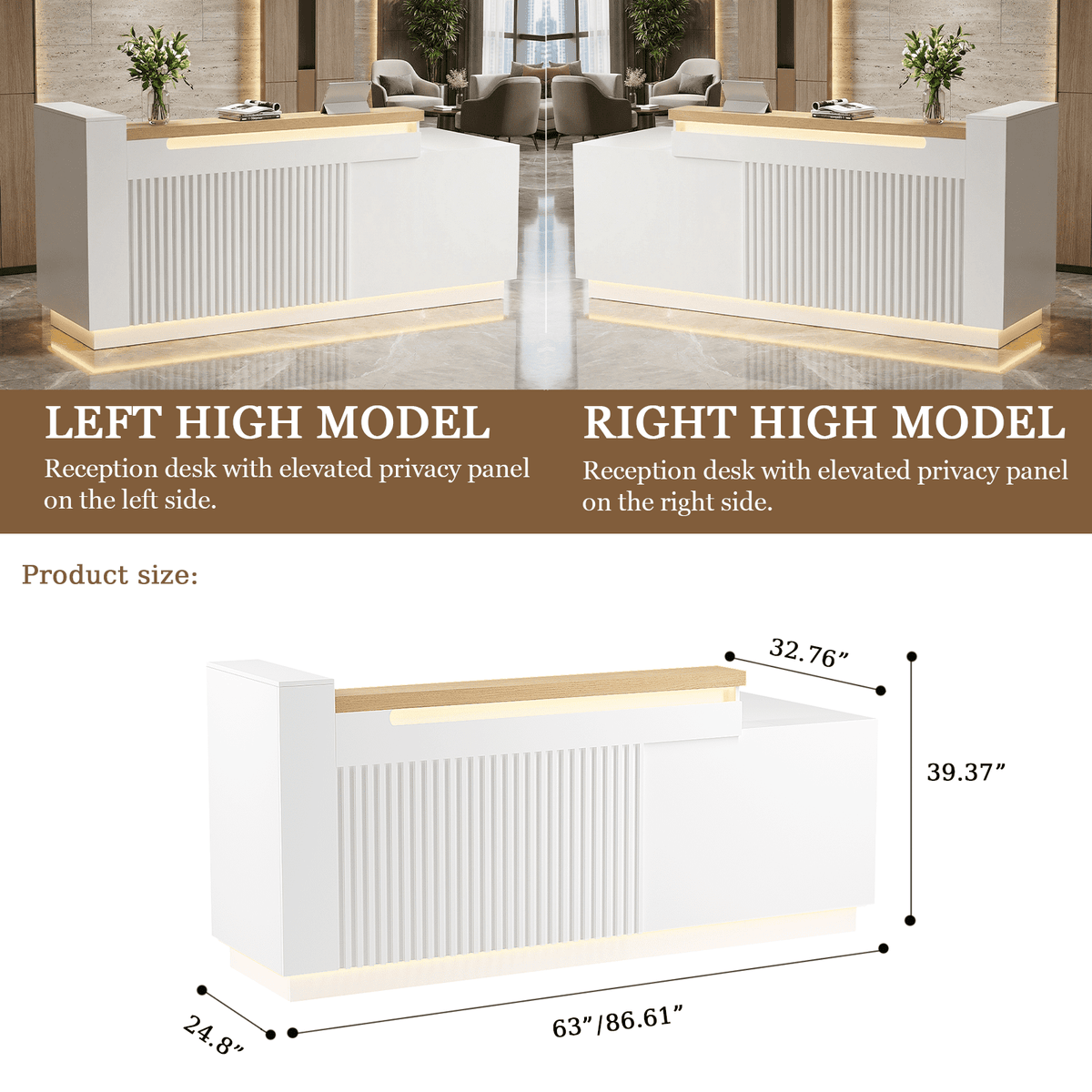 63" White L-Shaped Reception Desk with Left Counter, Modern Front Desk with Built-in Power Outlets, Locking Drawers & LED Lights for Office, Salon & Retail