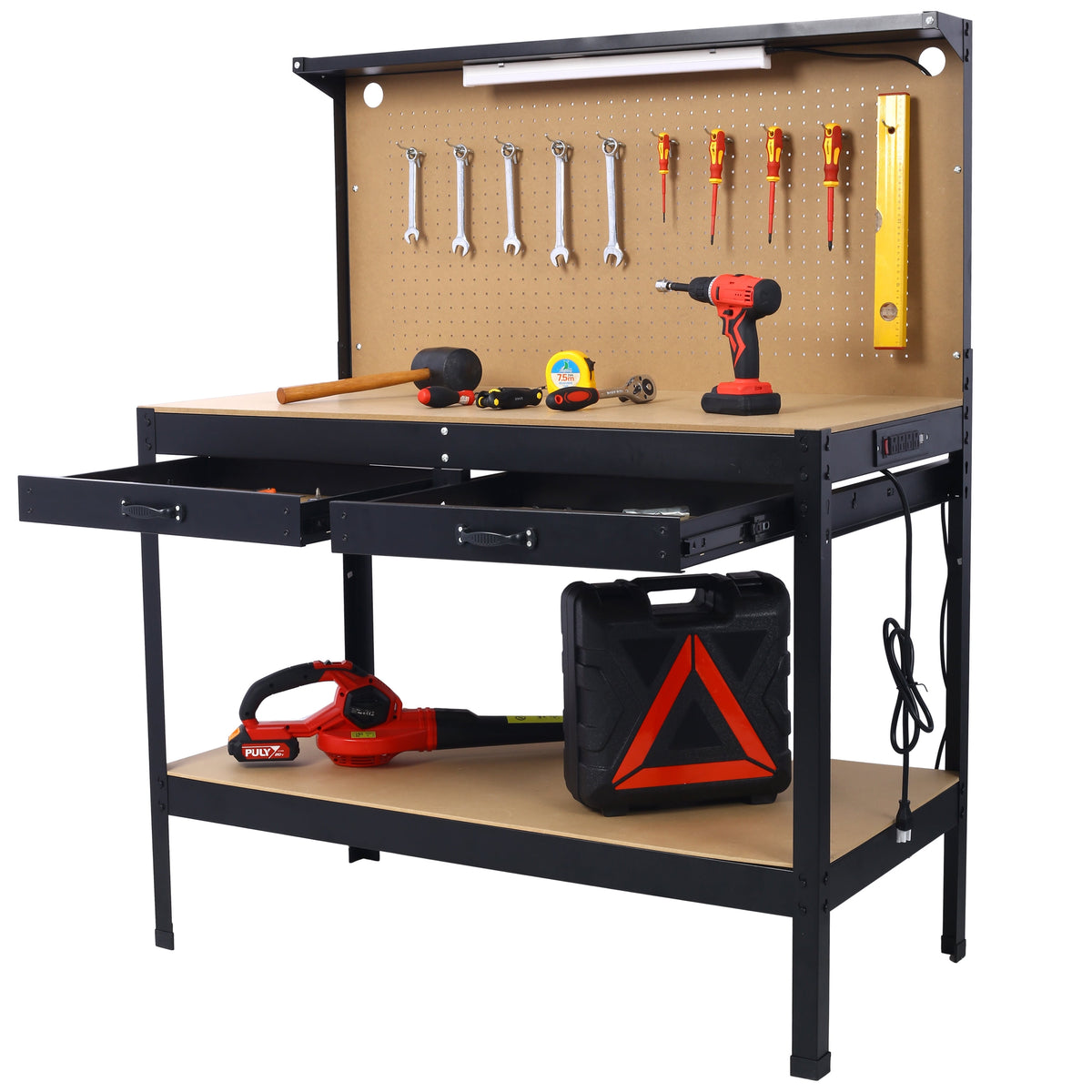 DUOSONG Steel Workbench Tool Storage Work Bench Workshop Tools Table W/Drawer And Peg Board ,4Xac Outlets 2Xusb Ports Black Steel Other