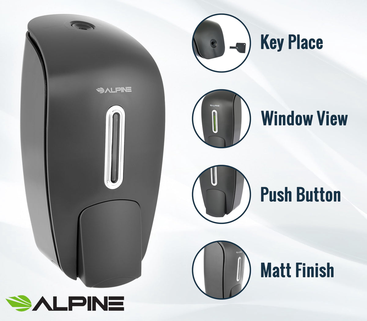 Alpine Manual Soap Dispenser Wall Mount - Commercial Soap Dispenser Wall Mounted for Liquid Soap & Hand Sanitizer Perfect for Bathroom, Kitchen, Refillable 800 ml Capacity (Grey)