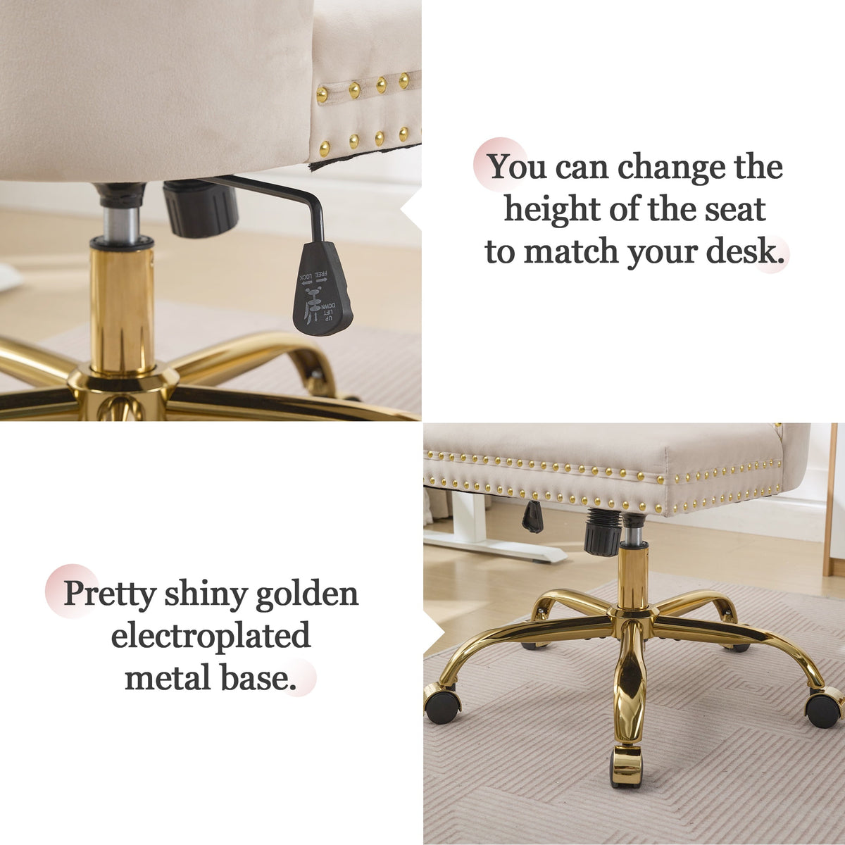 PAPROOS Vanity Chair, Swivel Home Office Chair, Ergonomic Home Desk Chair with Golden Metal Base, Adjustable Height, Velvet Upholstered Tufted Button Task Chair, Beige