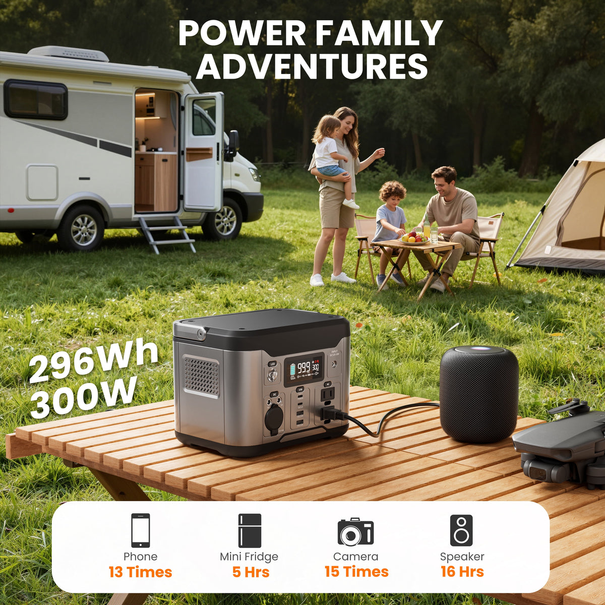 Qunler 300W 296Wh Portable Power Station, 60W PD Usb-C Backup Power Supply with Pure Sine Wave 120V AC Outlet for Outdoor Camping, Home Use and Emergencies, Gray