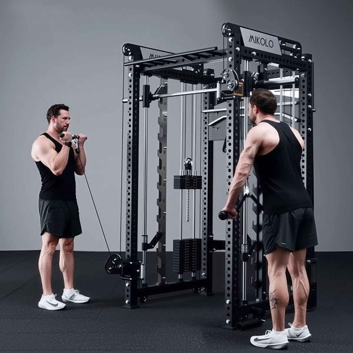 Mikolo Anubis-2.0 Smith Machine with Weight Stack, 3“×3” All-in-One Power Cage with LAT Pulldown & Cable Crossover, 3200LBS Multi-Function Trainer with Aluminum Pulley System for Fitness Home Gym