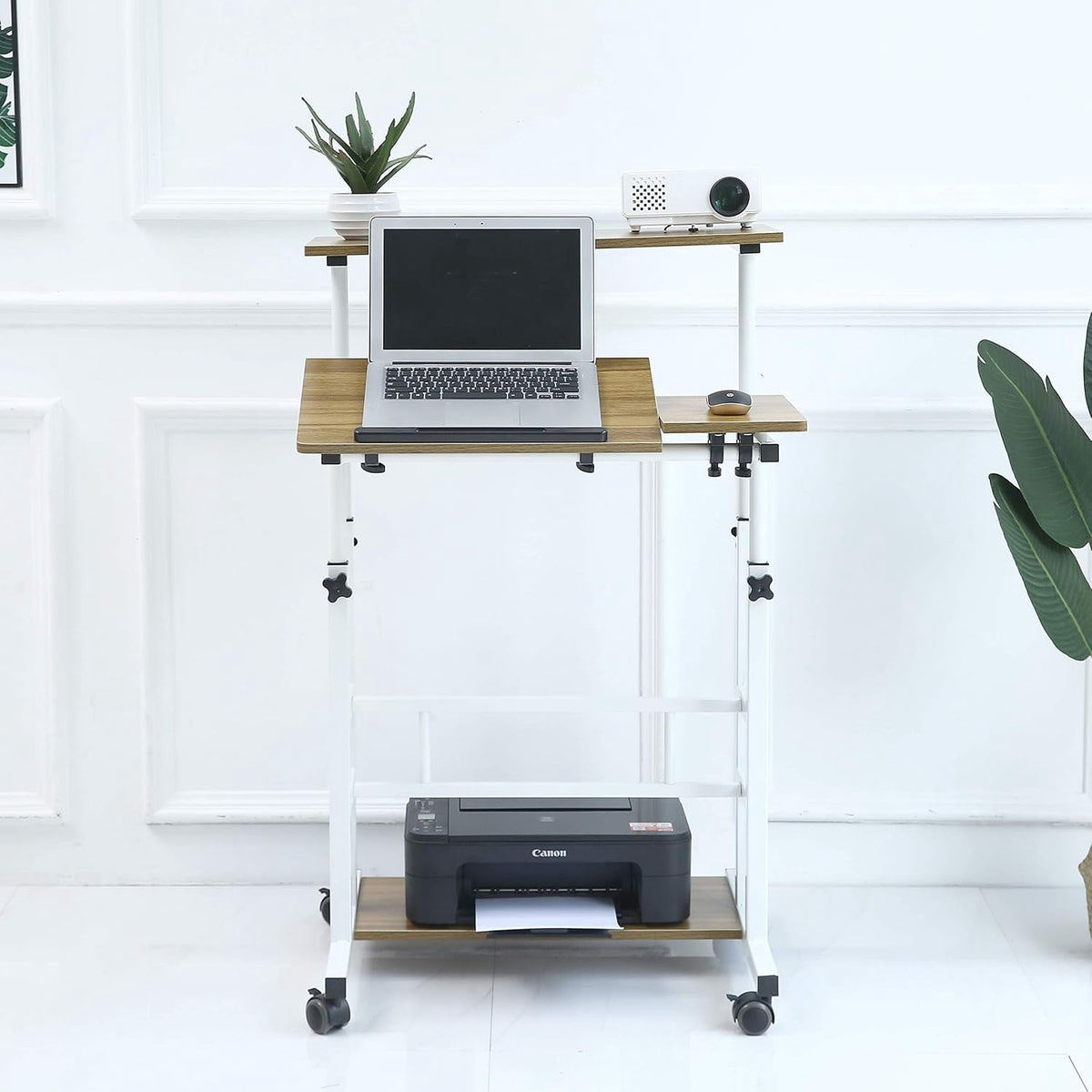 NurtureTail Height Adjustable Mobile Workstation with Wheels, Keyboard Tray & Storage Shelf, Rolling Laptop Desk for Home Office, Study & Small Spaces,White Frame/Ancient Oak Top