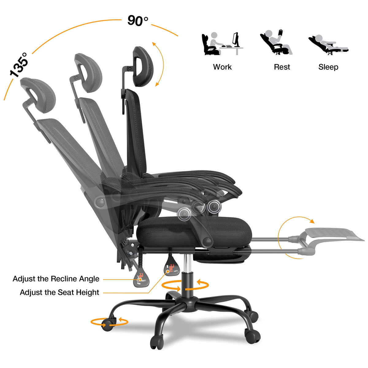 Mr IRONSTONE Ergonomic Office Chair with Footrest, High Back Mesh Computer Chair with Floating Lumbar Support and 2D Headrest, 135 Degree Reclining Desk Chair, Black