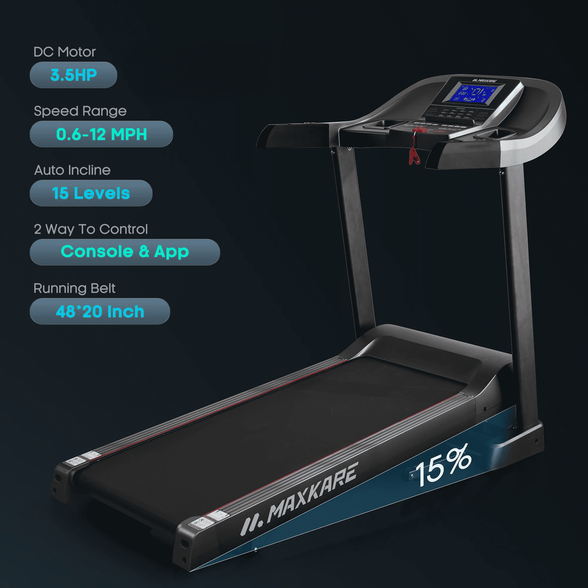 MaxKare 20" Folding Treadmill 300lbs with 15 Level Auto Incline, 3.5HP, 12MPH, Portable Foldable Treadmill with Bluetooth/Zwift App Compatible