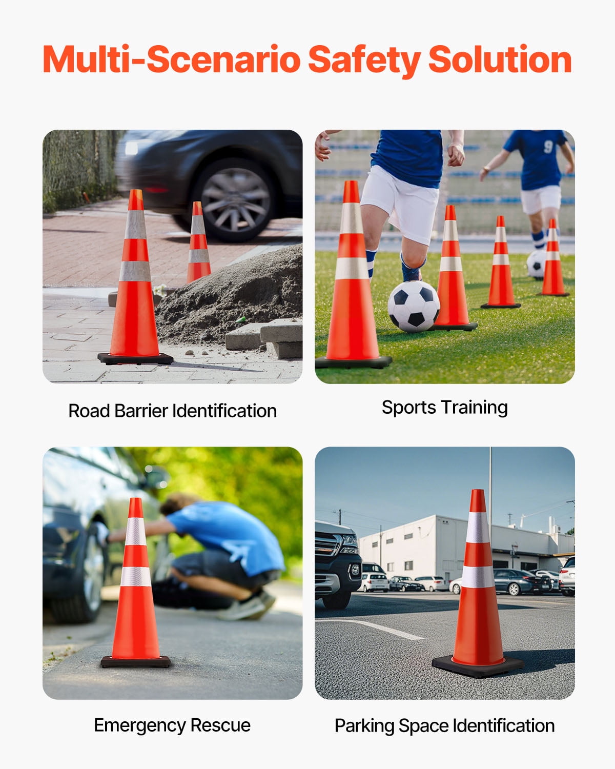 VEVOR 6Pack 36" Traffic Cones, Safety Road Parking Cone with Black Weighted Base, PVC Orange Traffic Safety Cones, Hazard Cones Reflective Collars for Construction Traffic Parking