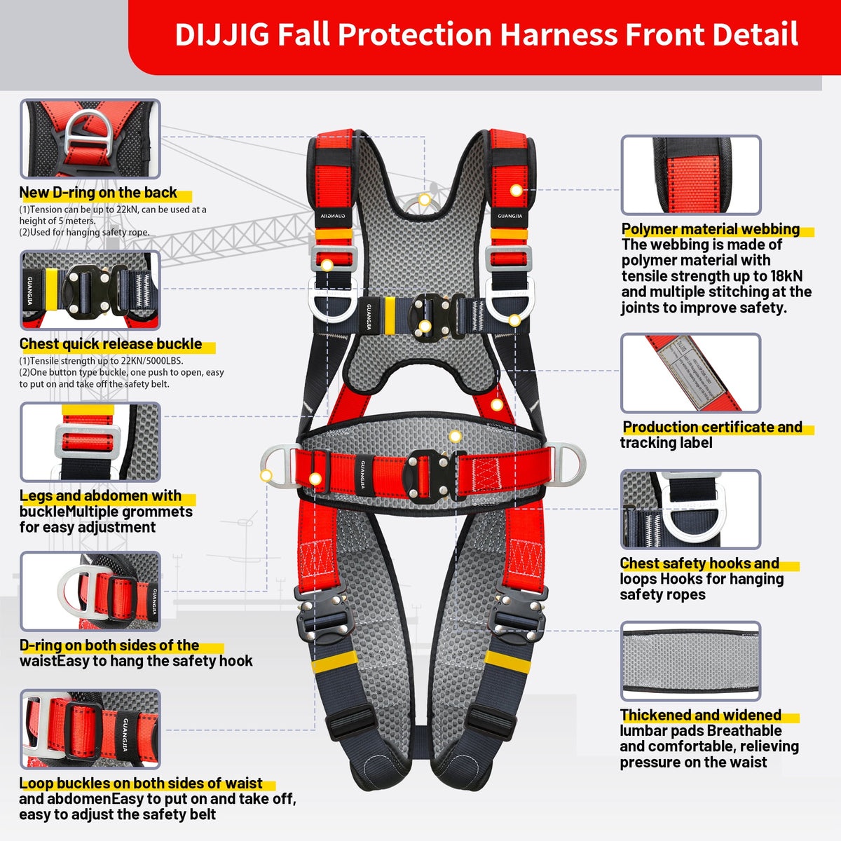Fall Arrest Safety Harnesses Full Body Protection Red Roofing Harness Construction Harness 5 Point Adjustment Harness Back Padded,arneses de seguridad para construcción ANSI/ASSP Compliant