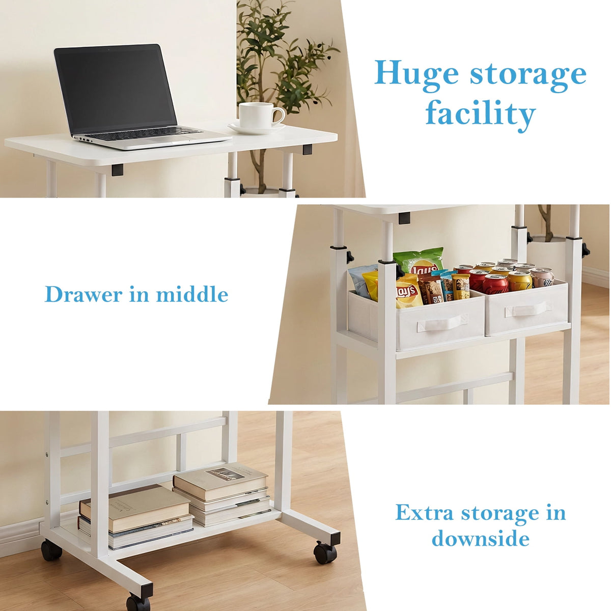 Adjustable Height Rolling Desk on Wheels Portable Computer Workstation with Storage Racks for Small Apartments Home Office Study White