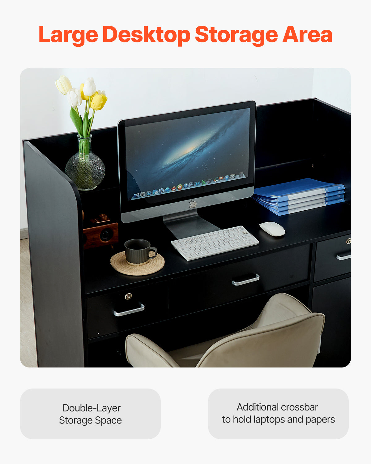 VEVOR Reception Desk, 47 Inch Rectangular Front Counter Table, Office Reception Counter with Lockable Drawer and Storage Cabinet, for Checkout, Lobby, Beauty Salon and Office, Black