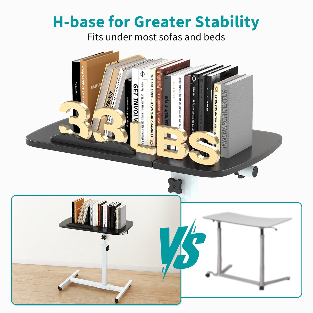 Furnibear Bedside Laptop Desk with Wheels, Height Adjustable Rolling Table with Tilting Desktop, Small Standing Desk for Home Office, Black