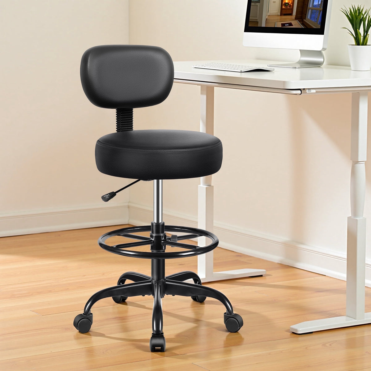 Primy Drafting Office Chair with Backrest - Adjustable Rolling Stool | Armless Office & Bar Height Chair | PU Leather with Thick Cushion | for Home, Office, Salon, Kitchen, Shop, Black