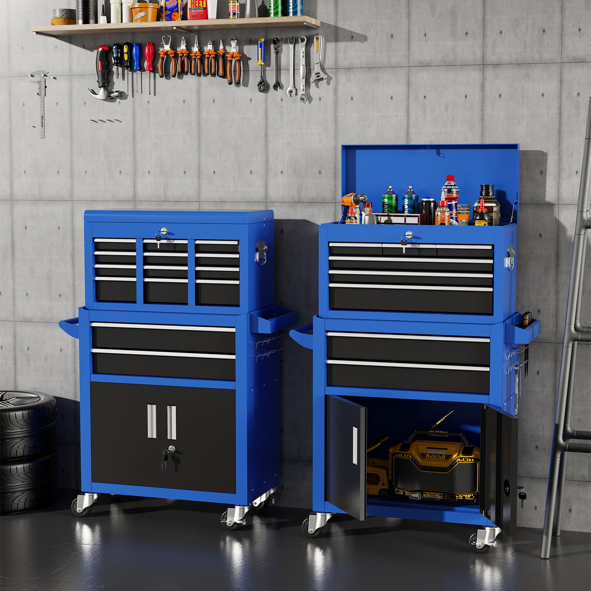 2-IN-1 Rolling Tool Chest Storage Box, Upgrade Steel Tool Box Hidden Desing, Detachable Tool Storage On Wheels W/Sliding Drawers for Workshop Garage Studio, Blue