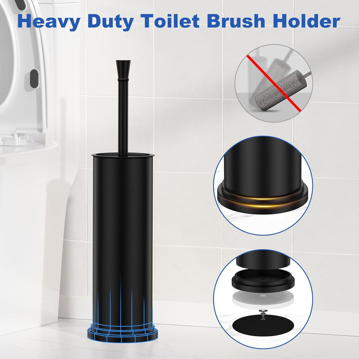 Black Toilet Brush and Holder，Extra Long Handled Black Toilet Brush for Bathroom，Stainless Steel Heavy Duty Toilet Bowl Brush,Deep Cleaning Modern Toilet Cleaner Brush -Space Saving