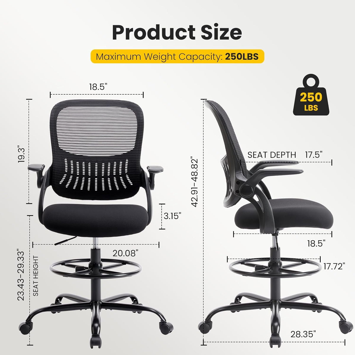 Nextay Tall Drafting Chair - Ergonomic Office Stool with Flip-Up Arms, Footrest & Lumbar Support