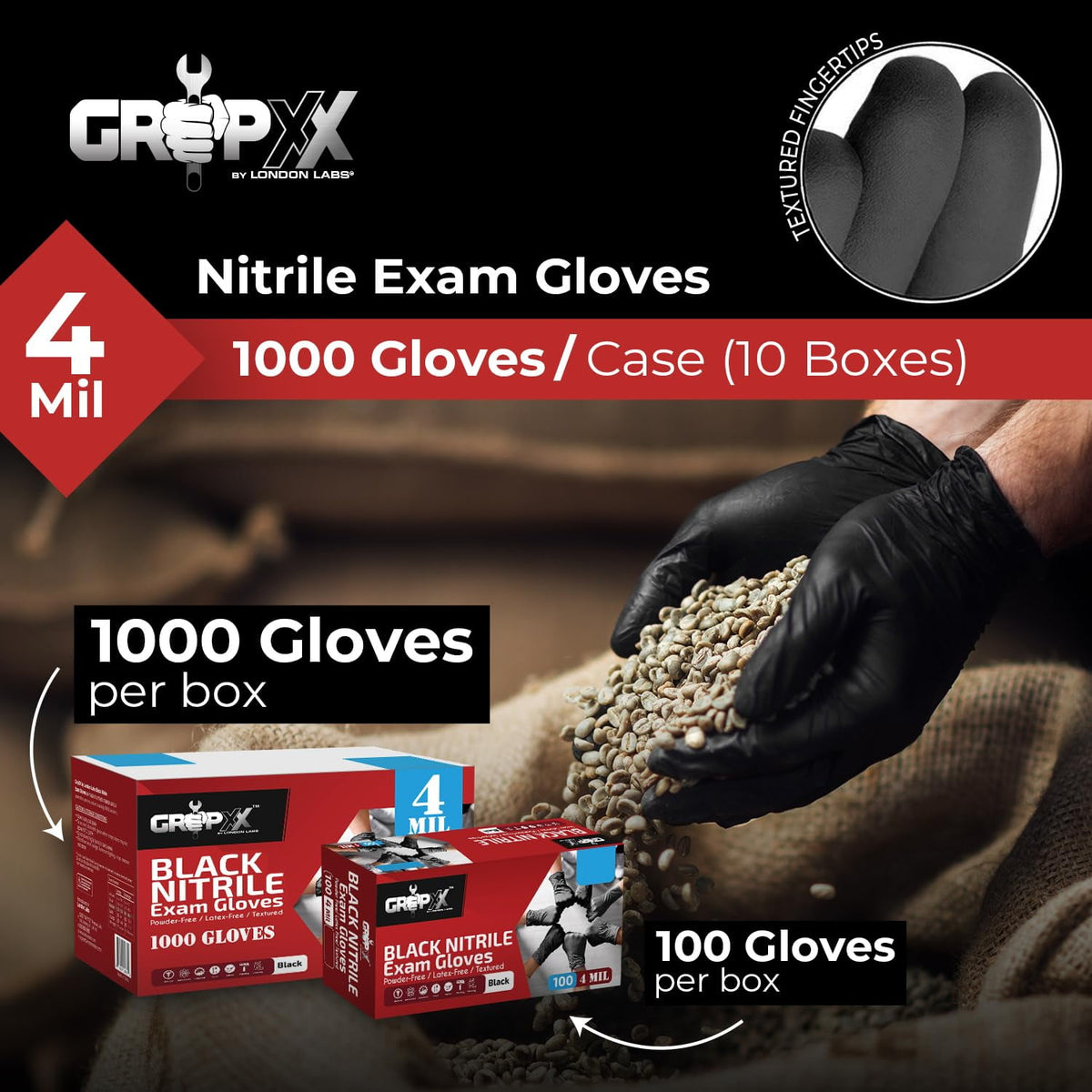 London Labs Disposable Industrial Black Nitrile Gloves 4 Mil Thick 1000 Count Latex Free Powder Free Large