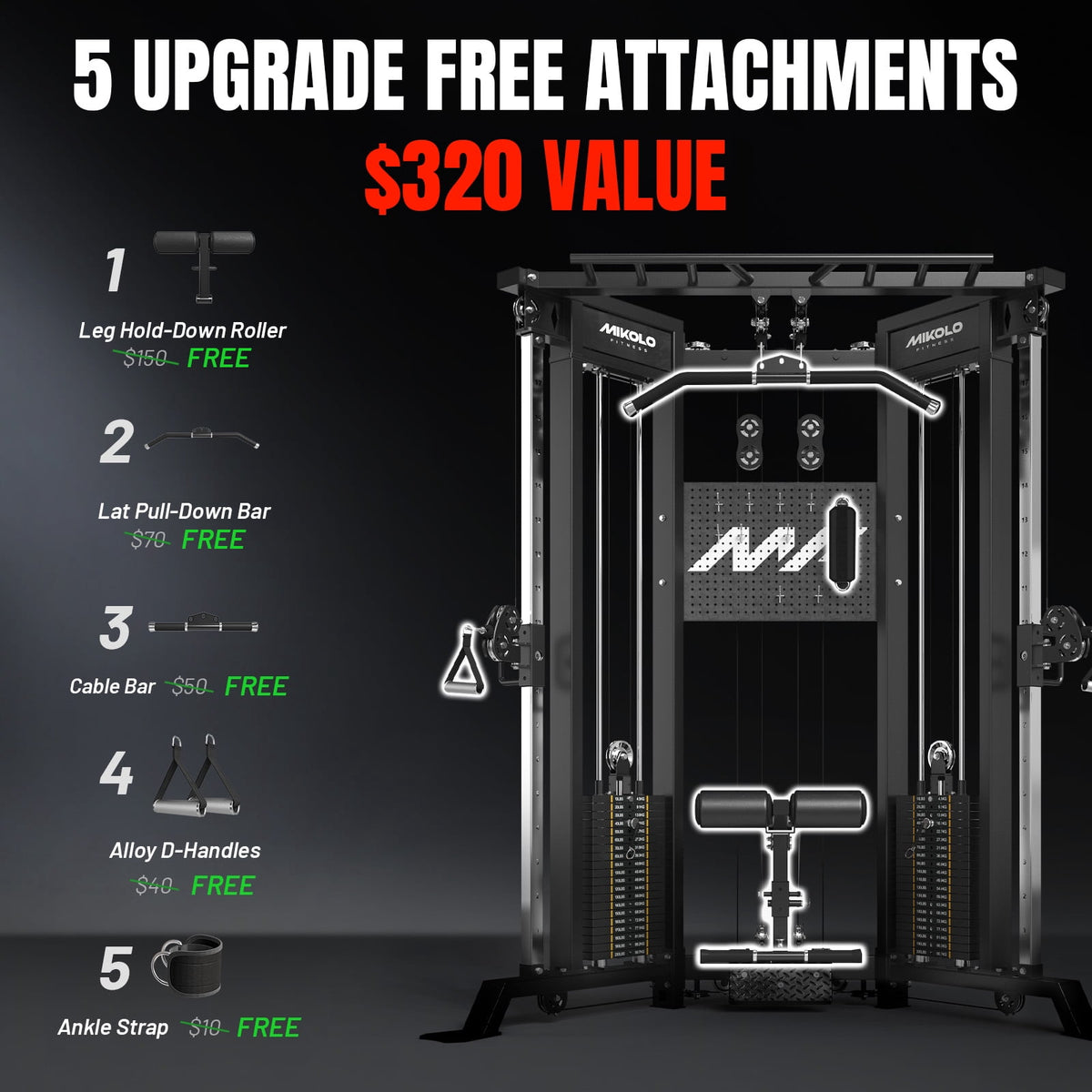 Mikolo Functional Trainer with 400lbs Weight Stack, Cable Crossover Machine with Independent Double Pulley System, 2000lbs Multi-Functional Chest Fly Machine, Lat Pulldown Machine Home Gym with Bench