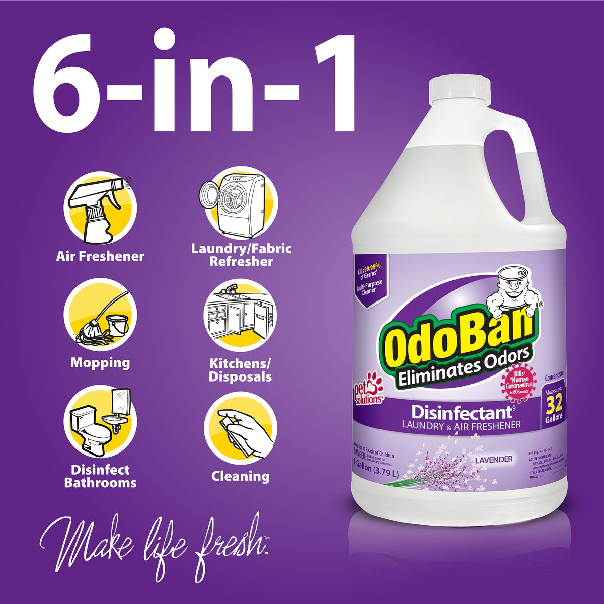 OdoBan Multipurpose Cleaner Concentrate, 2 Gal, Lavender Scent - Odor Eliminator, Disinfectant, Flood Fire Water Damage Restoration