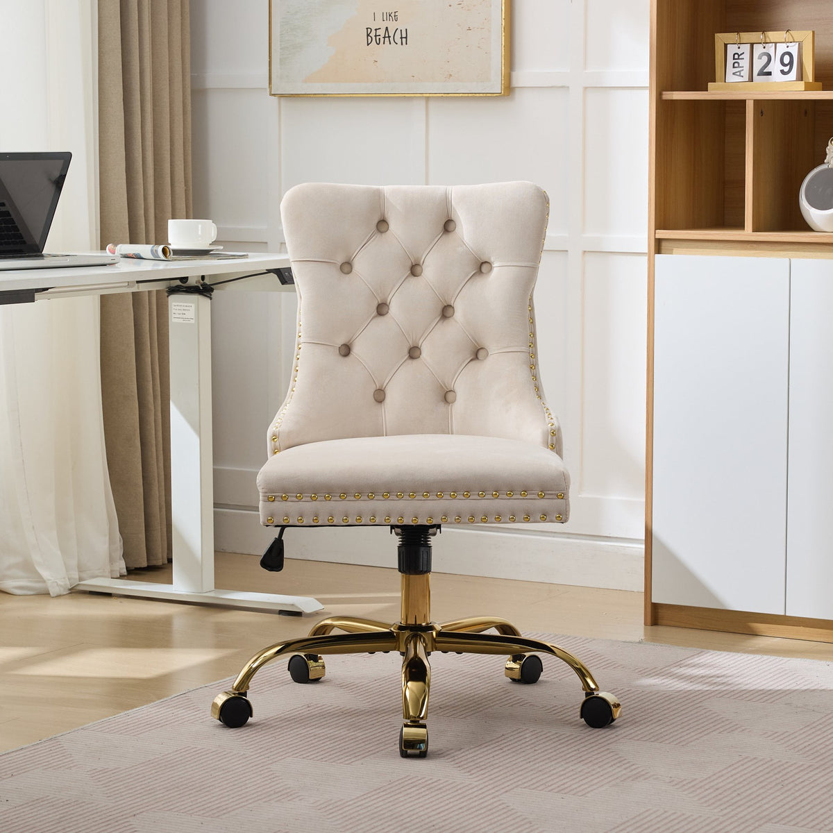 PAPROOS Vanity Chair, Swivel Home Office Chair, Ergonomic Home Desk Chair with Golden Metal Base, Adjustable Height, Velvet Upholstered Tufted Button Task Chair, Beige