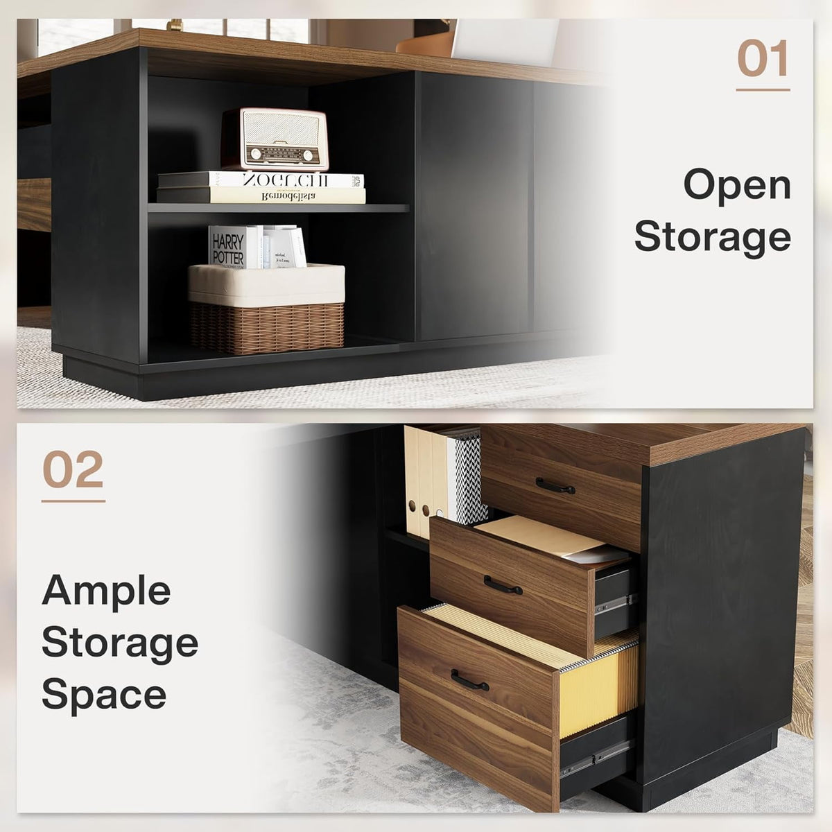 Tribesigns 78-Inch L-Shaped Executive Desk, Large Office Desk with Drawers and Lateral File Cabinet, Modern Computer Desk for Home Office, Light Walnut & Black