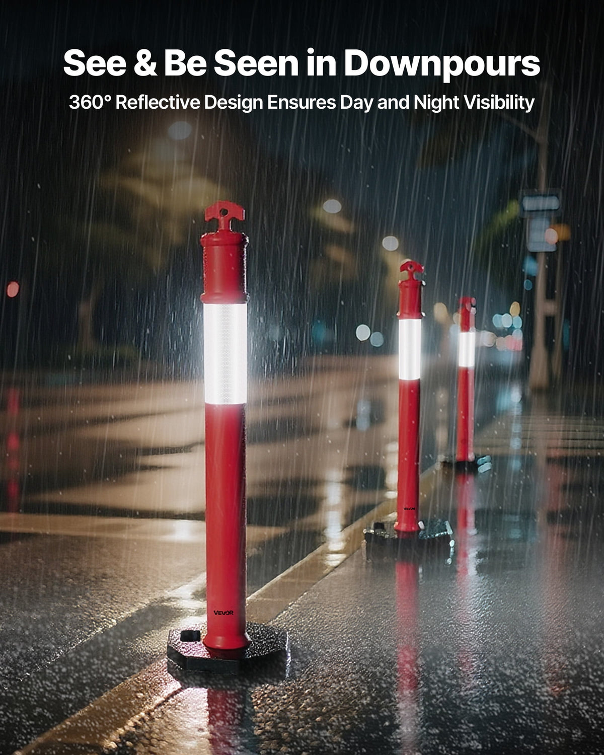 VEVOR 9 Pack Traffic Delineator Posts, 48 inches Traffic Safety Cones with Weighted Base and Reflective Strips, Heavy Duty Delineator Posts for Construction Site, Parking Lot, Crowd Control, Red