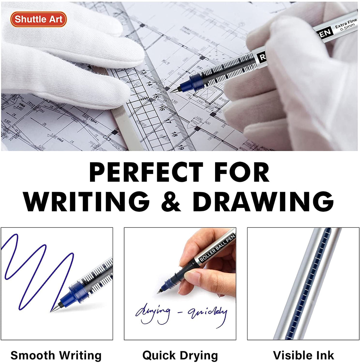 Shuttle Art Permanent RollerBall Pens, 25 Pack Blue Fine Point Roller Ball Pens, 0.5mm Liquid Ink Pens for Writing Journaling Taking Notes Office