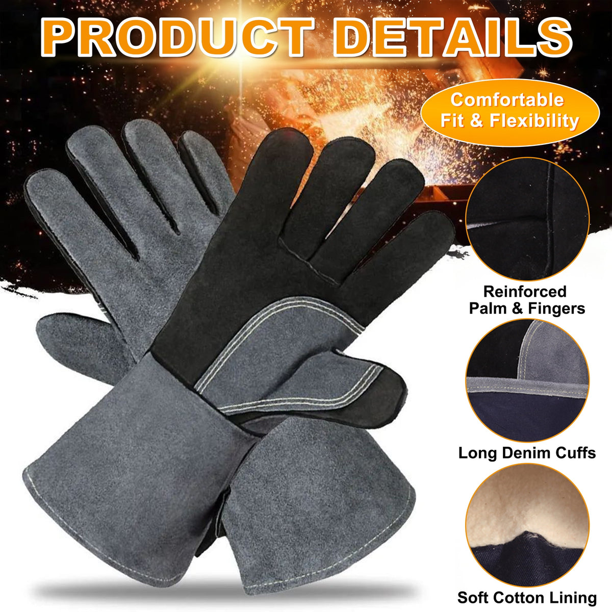 Cyrico Welding Gloves for Men, 16 Inch Leather Heat-Resistant Work Gloves with Reinforced Stitching for BBQ, Fireplace, Grill, Wood Stove, Yard Work, and Light Welding Tasks