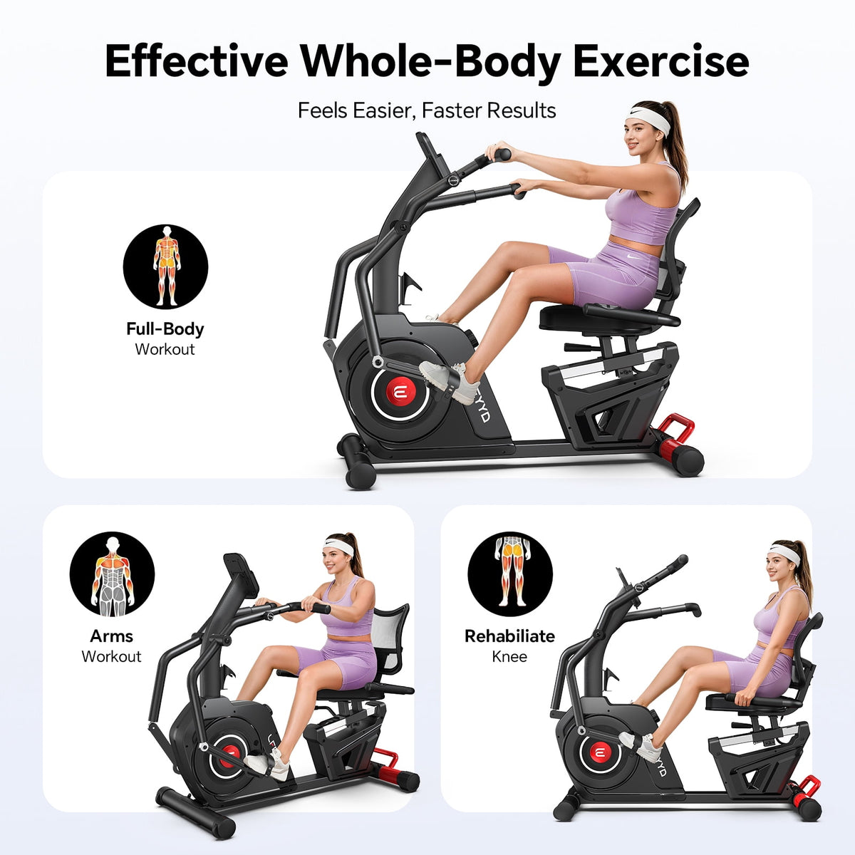 LFEYYD Light Commercial Recumbent Exercise Bikes for Seniors Magnetic Cross Trainer & Elliptical Machine with Arm Exerciser, Smart Bluetooth 400 lbs