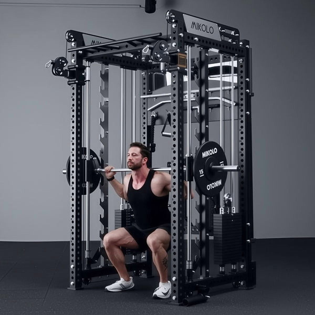 Mikolo Anubis-2.0 Smith Machine with Weight Stack, 3“×3” All-in-One Power Cage with LAT Pulldown & Cable Crossover, 3200LBS Multi-Function Trainer with Aluminum Pulley System for Fitness Home Gym