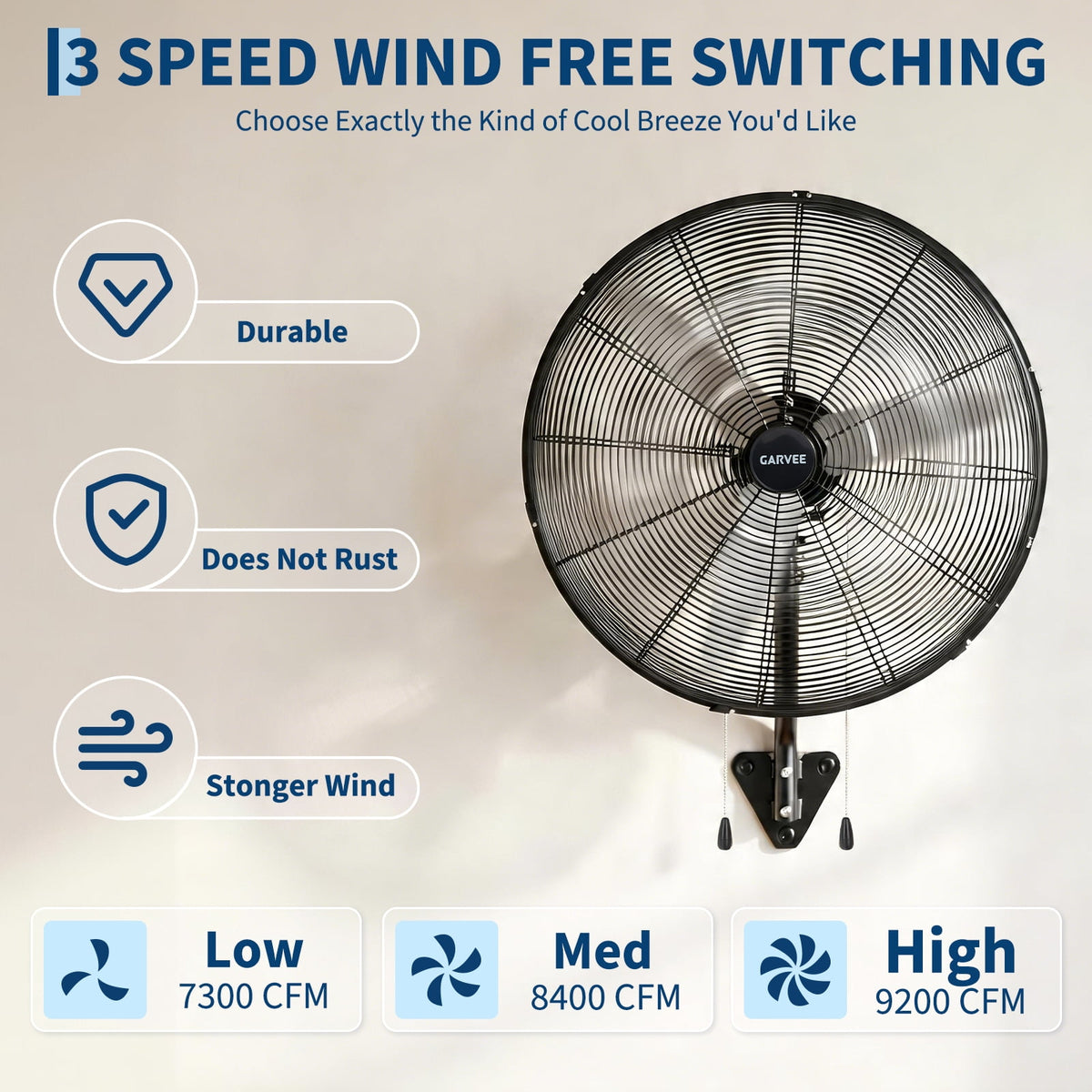 Wall Mount Fan 26 Inch High Velocity Industrial Oscillating with Dual Pull Cord, 4900CFM Heavy Duty Metal Fan 3 Speeds for Garage Workshop Patio