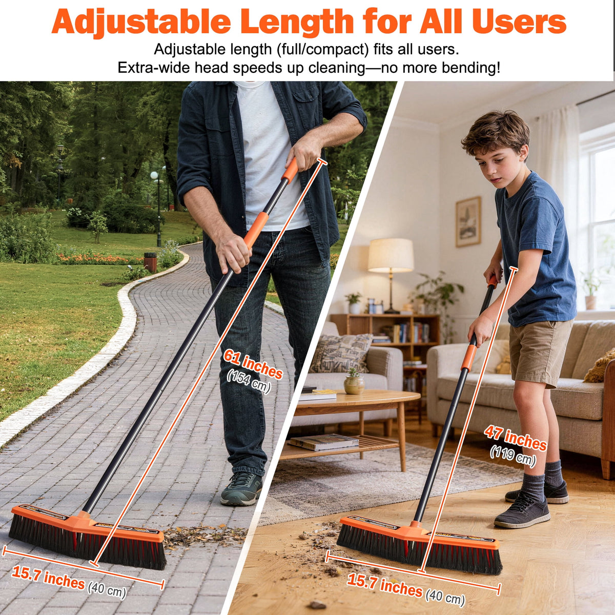 JEHONN 15.7" Wide Push Broom Outdoor Heavy Duty (Orange)