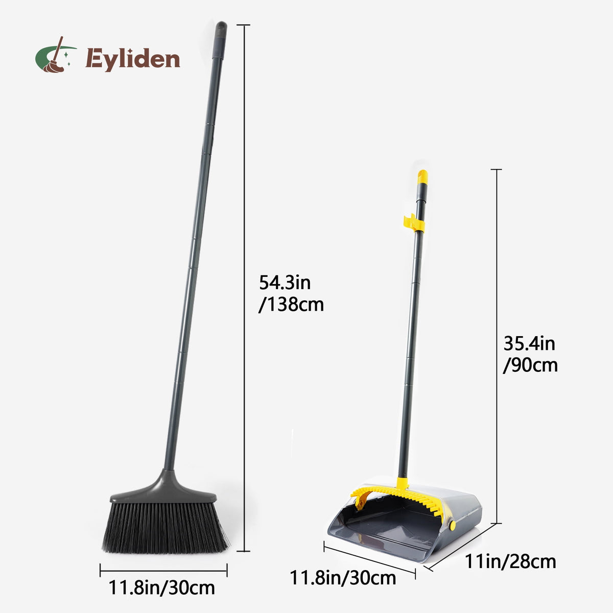 Eyliden Thicker Broom and Dustpan Set for Home with 54in Long Handle and Teeth Brush, Grey