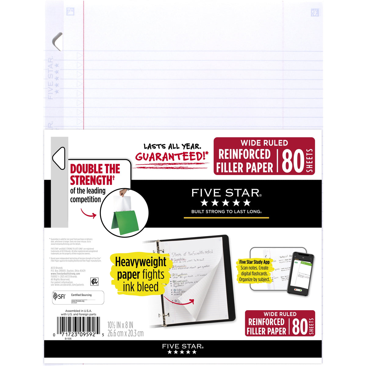 Five Star Reinforced Filler Paper Plus Study App, Wide Ruled, 8" x 10.5", 80 Sheets/Pack