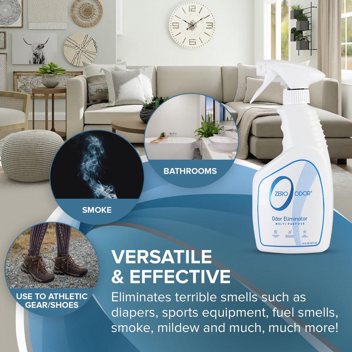 Zero Odor Molecular Odor Eliminator Spray Multi-Purpose Air & Surface Deodorizer Smell Remover 16 oz