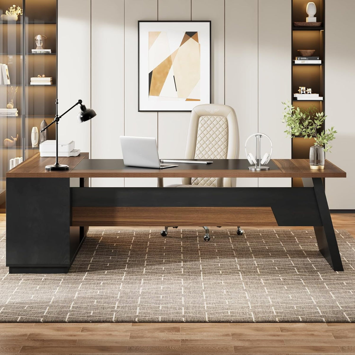 Tribesigns 78-Inch L-Shaped Executive Desk, Large Office Desk with Drawers and Lateral File Cabinet, Modern Computer Desk for Home Office, Light Walnut & Black