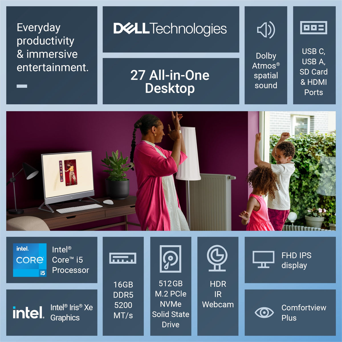 Dell 27 All-in-One Desktop EC27250 27" FHD Display Intel Core i5-1334U 16GB RAM 512GB NVMe SSD White