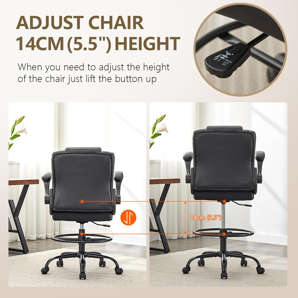 Fantasylab Tall Office Chair for Standing Desk, High Executive Leather Ergonomic Computer Chair with Adjustable Height and Flip-Up Armrest for Counter Height Desk, Black