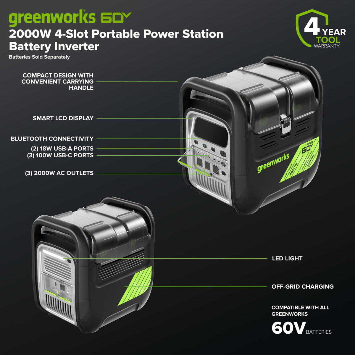 Greenworks 60V 2000W 4-Slot Portable Power Station Battery Inverter