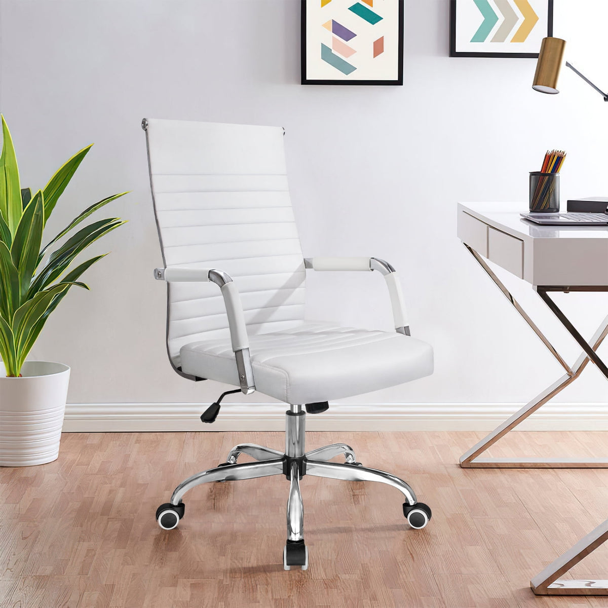 Furmax Ribbed Executive Chair with Swivel & Lumbar Support, 300 lb. Capacity, White