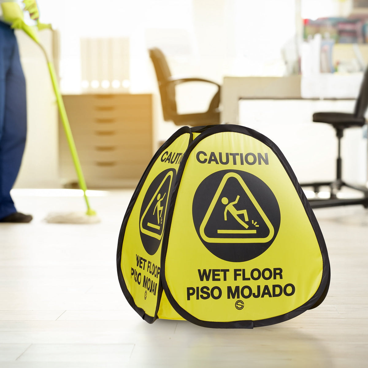 Dryser 6-Pack 16" Pop-up Caution Wet Floor Signs - Yellow 4-Sided English/Spanish Warnings