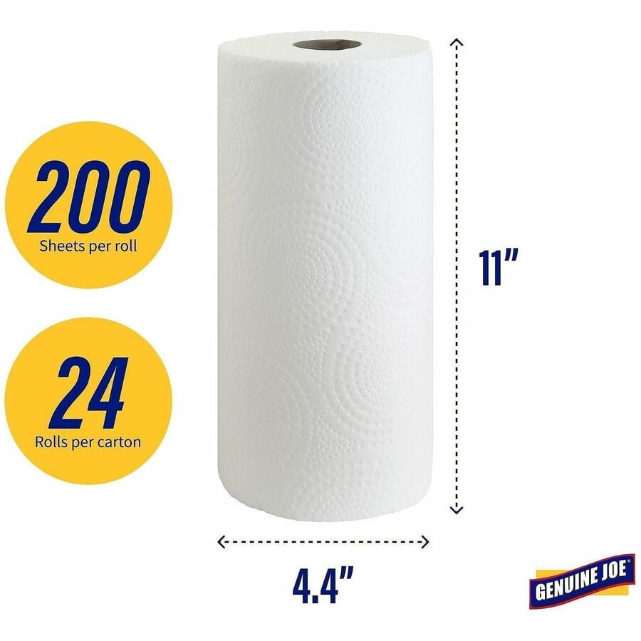 Genuine Joe 2-Ply Household Roll Paper Towels - 4.40 x 11 Inches - 200 Sheets Per Roll - White - Perforated for Kitchen, Multipurpose - 24 Rolls Per Carton