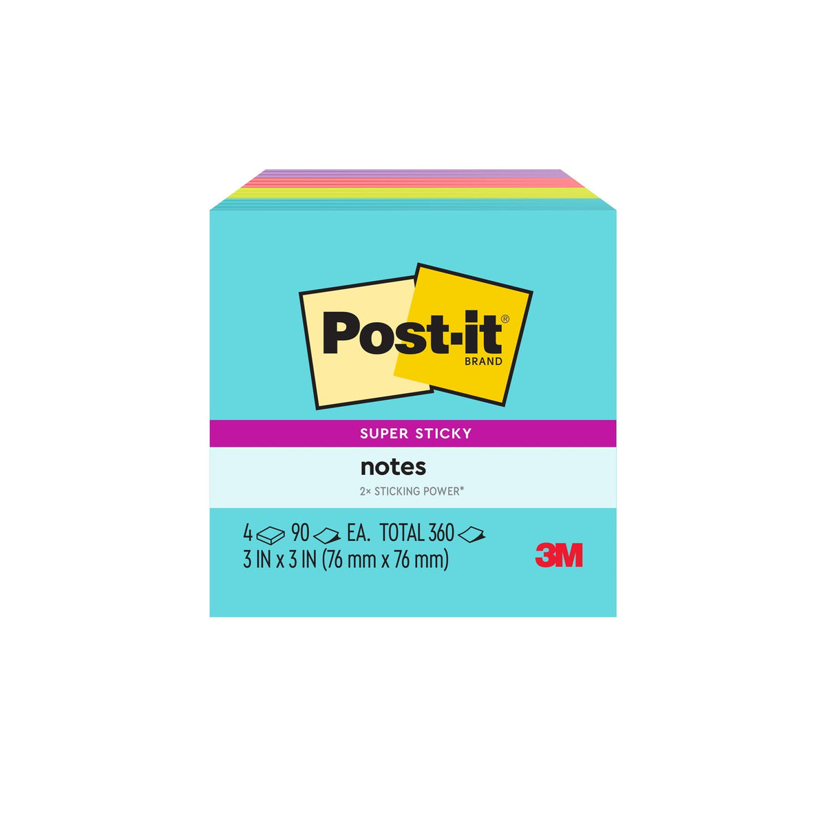 Post-it Super Sticky Notes, 3 in. x 3 in., Supernova Neons, 4 Pads