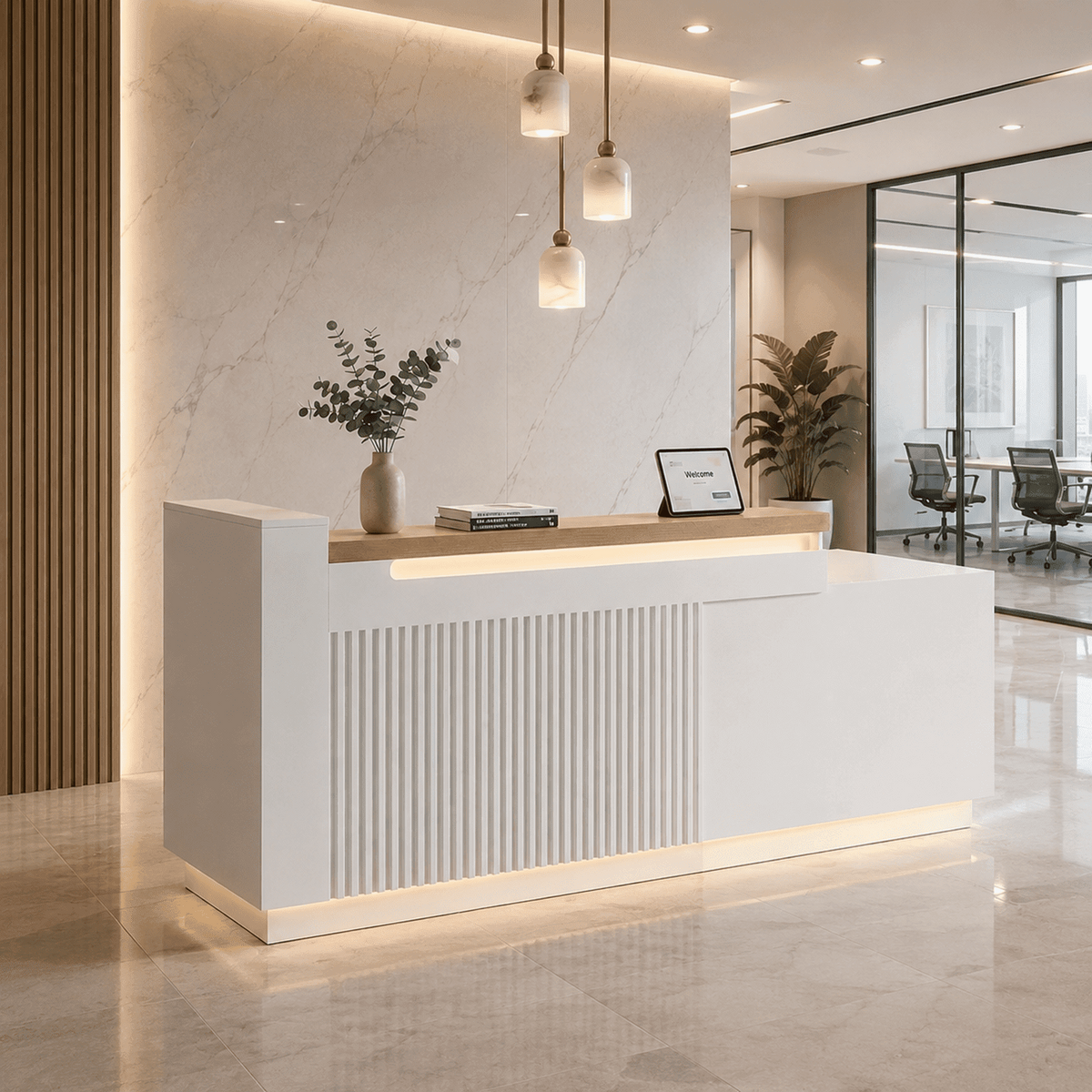 63" White L-Shaped Reception Desk with Left Counter, Modern Front Desk with Built-in Power Outlets, Locking Drawers & LED Lights for Office, Salon & Retail