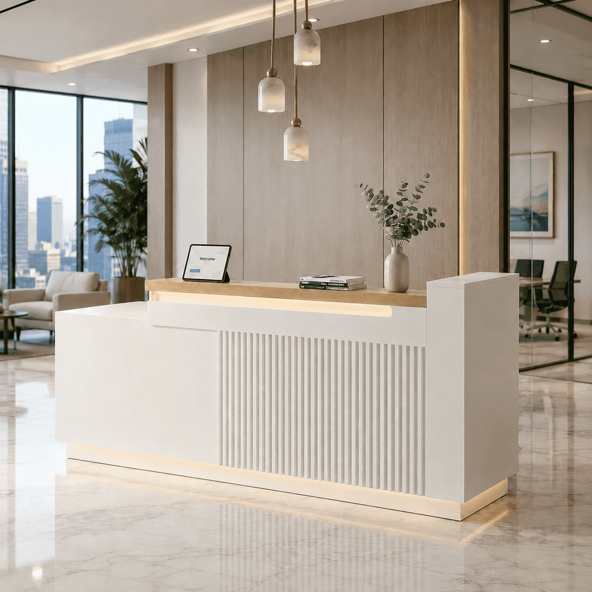 63" White L-Shaped Reception Desk with Left Counter, Modern Front Desk with Built-in Power Outlets, Locking Drawers & LED Lights for Office, Salon & Retail