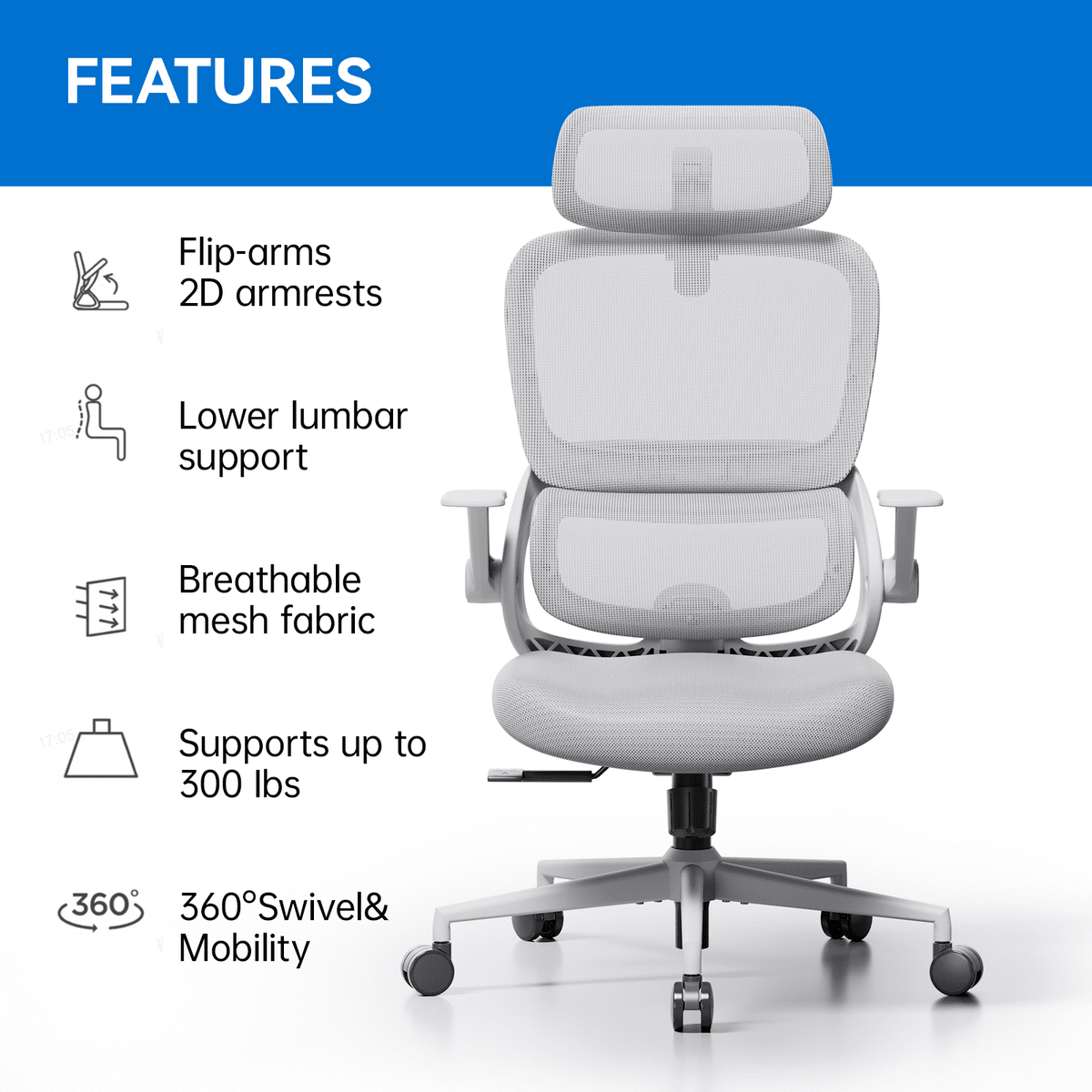 SIHOO B100 Se Office Chair, Deak Chairs with Cotton Seat & Dual-Back, 2D Headrest & Flip-up Armrest, Comfort Mesh Ergonomic Chair for Home Office, Teen, 300lbs, Light Gray